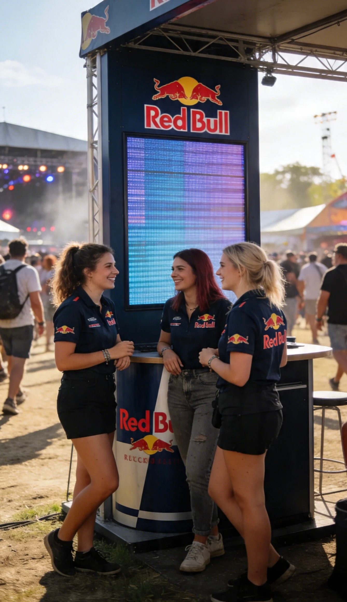 Personal uniformado junto a pantalla digital en stand de festival