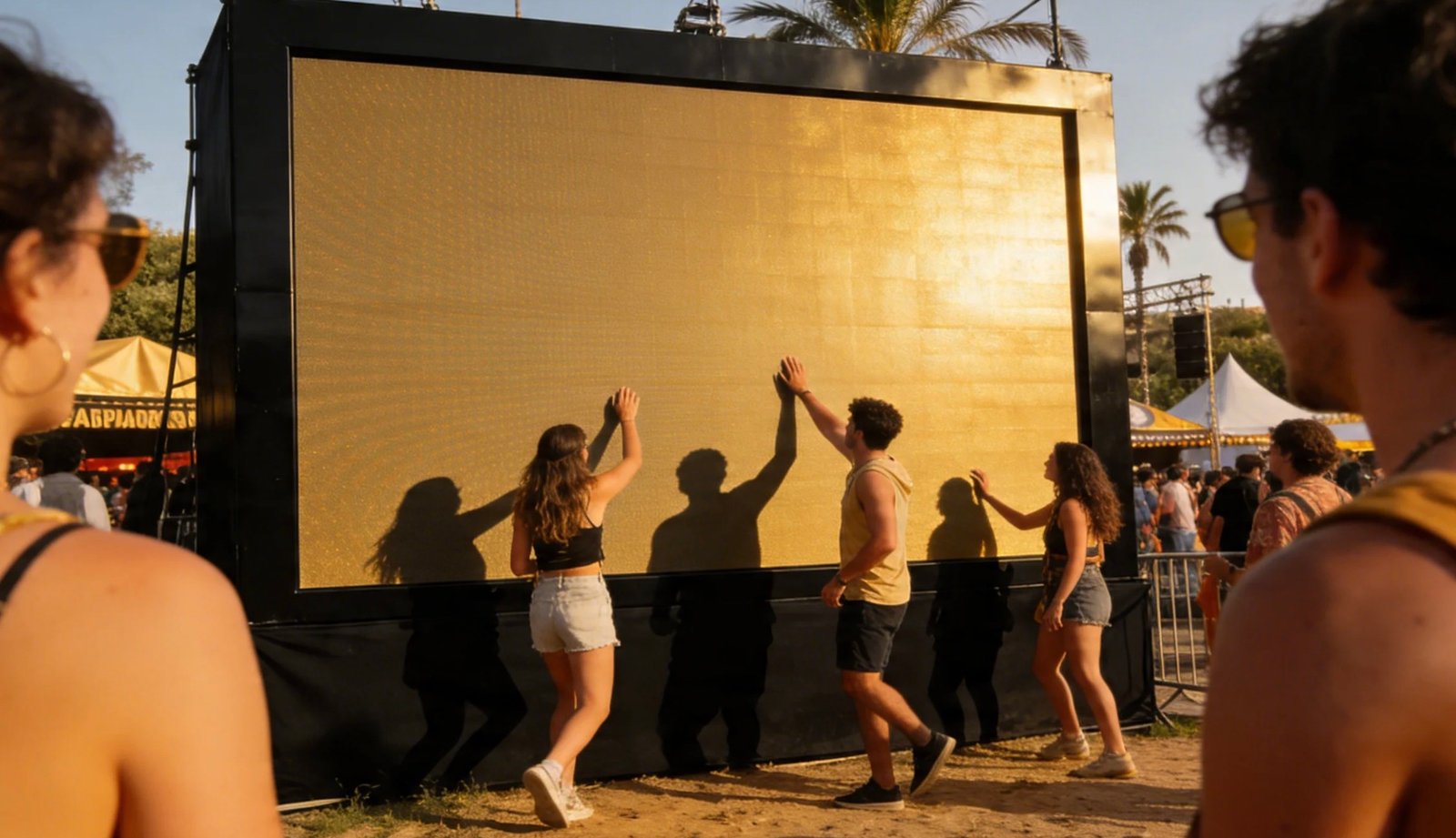 Público ante una pantalla de activación de marca al atardecer