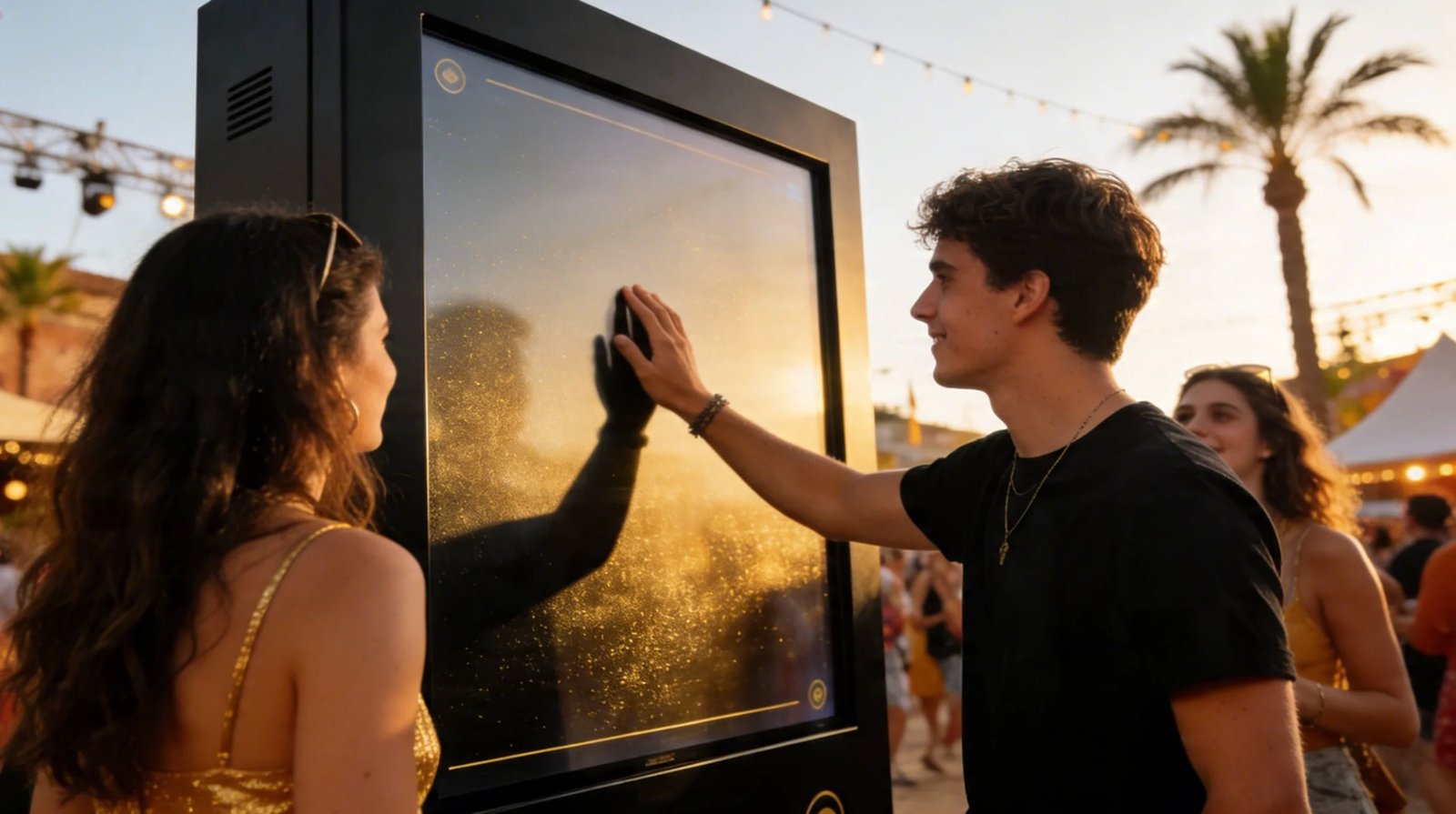 Asistentes interactuando con una pantalla digital en un festival